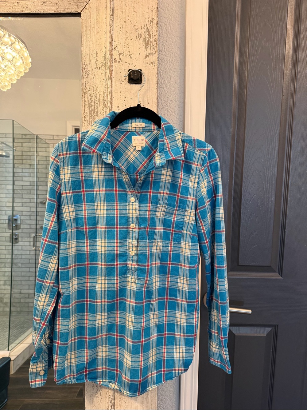 J. Crew Turquoise, Red, and White Plaid Button-Down Shirt